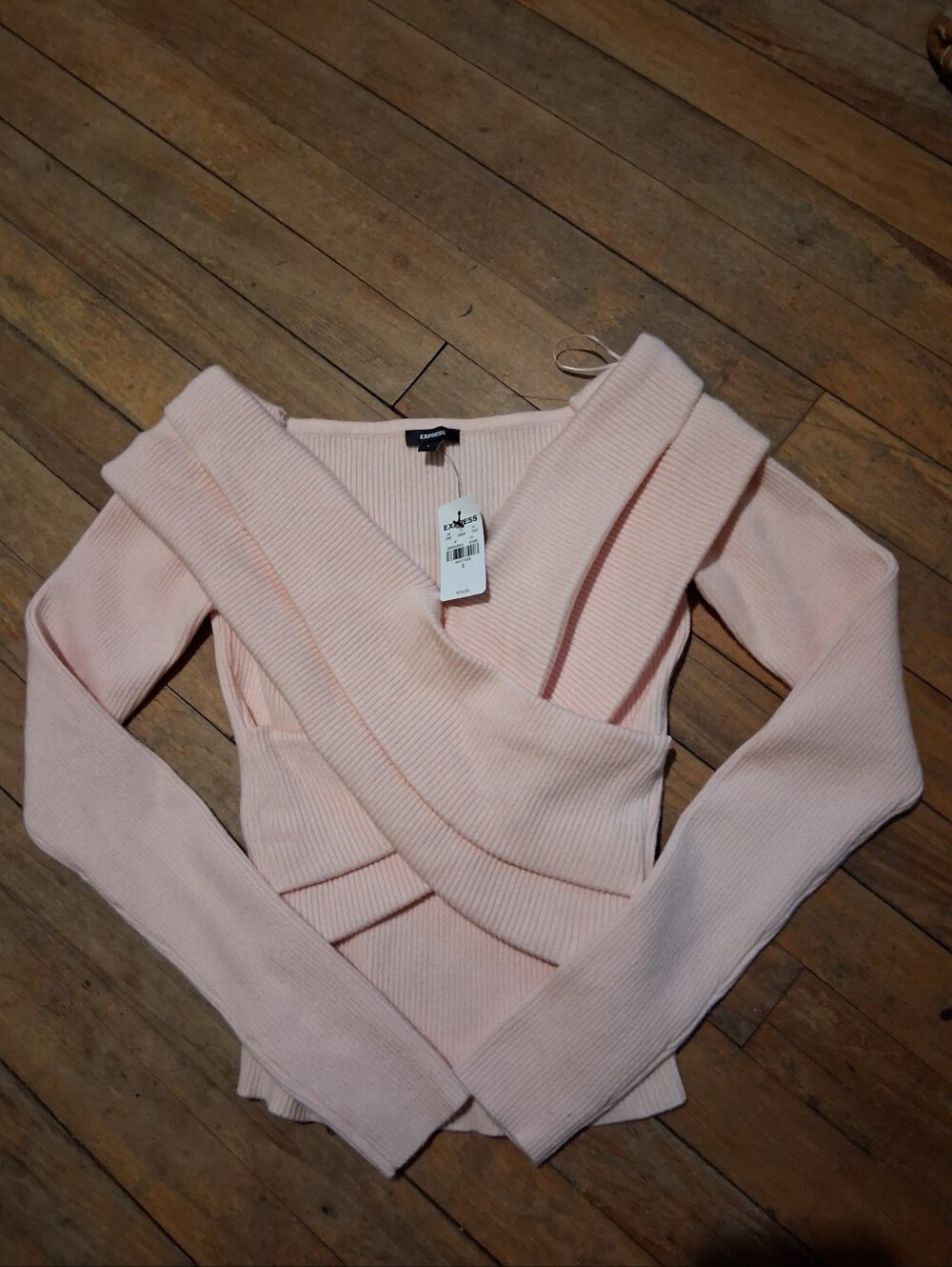 Express Pale Pink Ribbed Wrap-Style Sweater - Picture 3 of 6